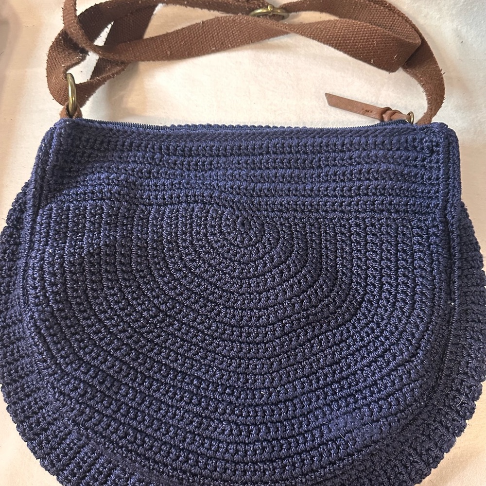 The Sak Navy Crochet Shoulder Bag with Brown Strap